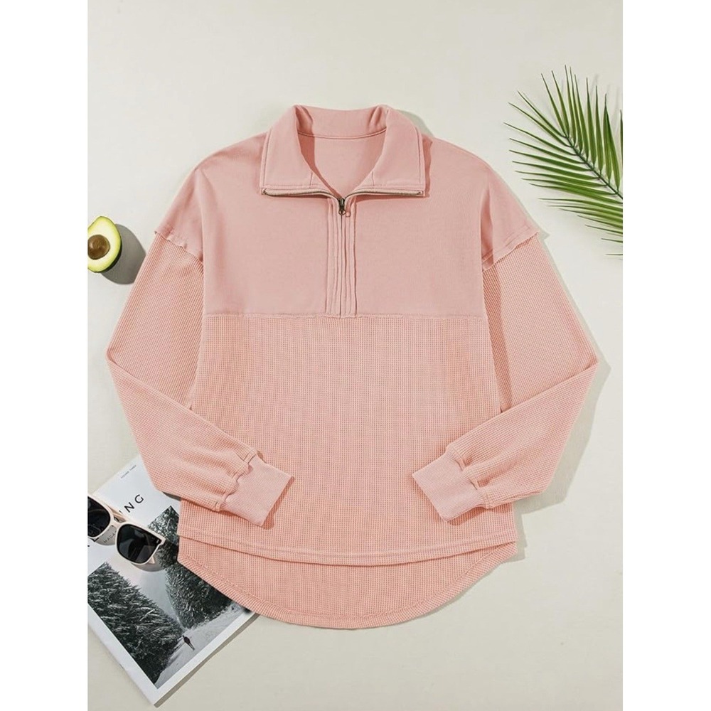 Shewin Women's Waffle Knit Pullover 3X Pink Half Zip Cozy Casual Lounge Plus